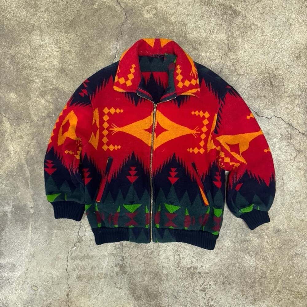 Vintage Wool Aztec Bomber Jacket Multi-Color Tribal Geometric Zip Up Large